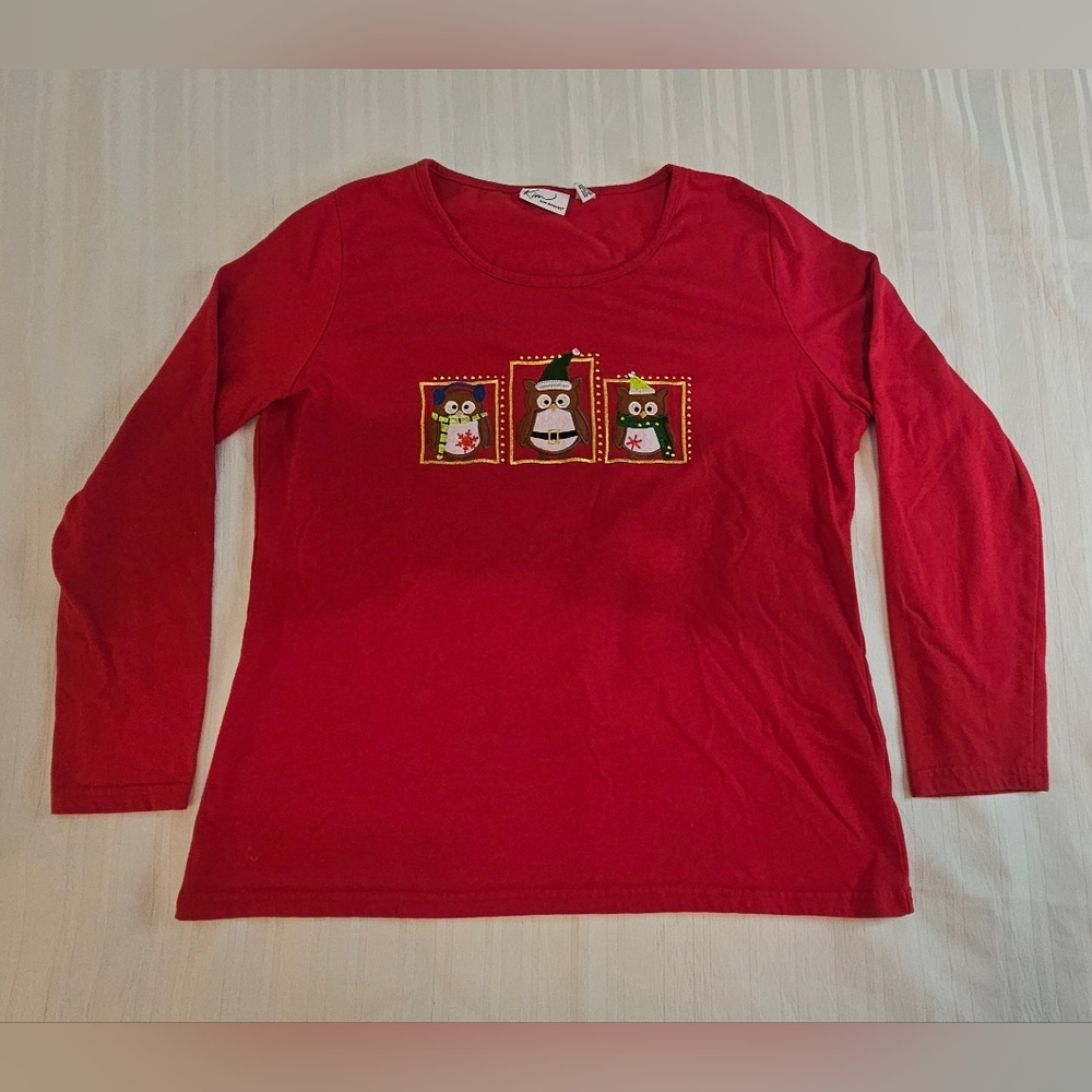 Kim Rogers Holiday Top - Red Applique Owl Long Sleeve - Size L Large